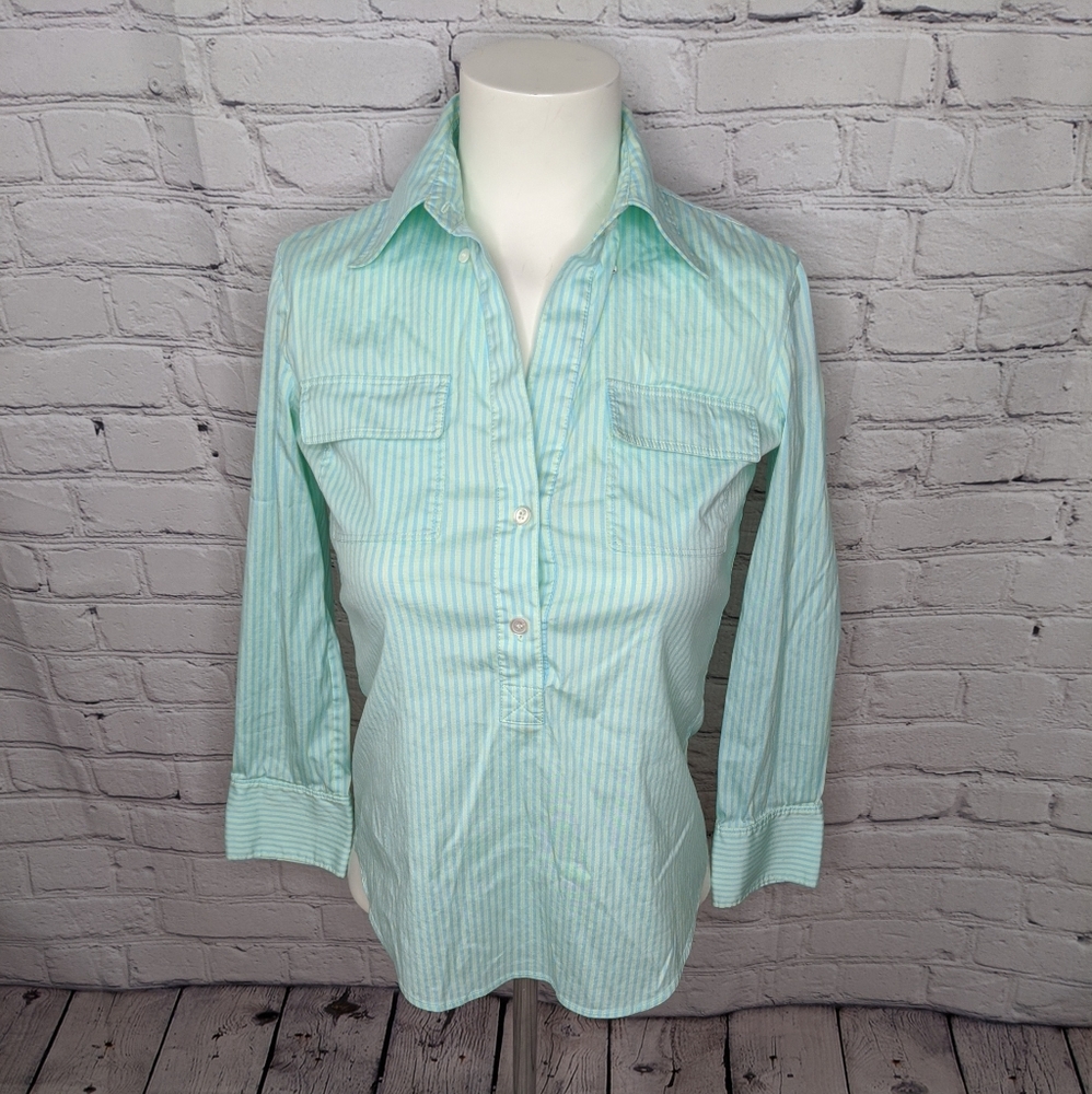 Theory Marnie Mint Blue Yellow Striped Stretch Button Up Fitted Shirt Sz XSmall